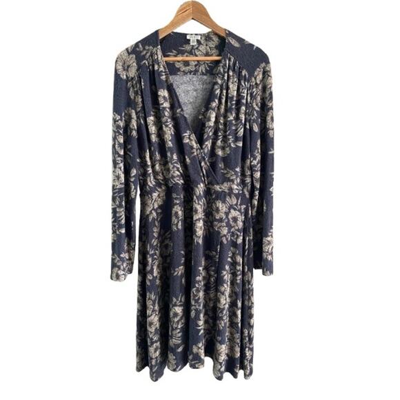 Spense Faux Wrap‎ V-Neck Gray Tan Floral Super Soft Long Sleeve Midi Dress Sz XL - Picture 1 of 7
